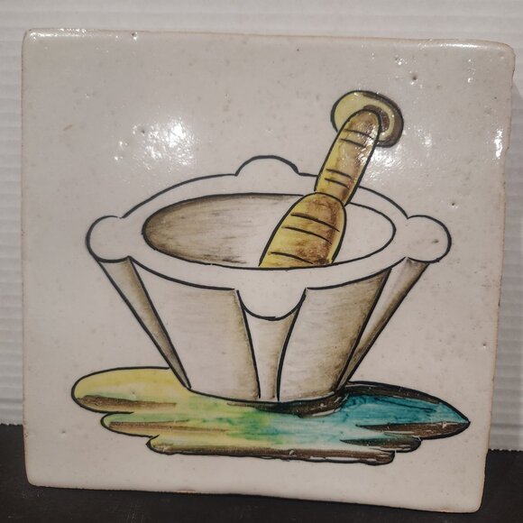 Vintage Kitchen ClayTile Hand Painted with a Mortar & Pestle Grazed 8.25" - Picture 1 of 6